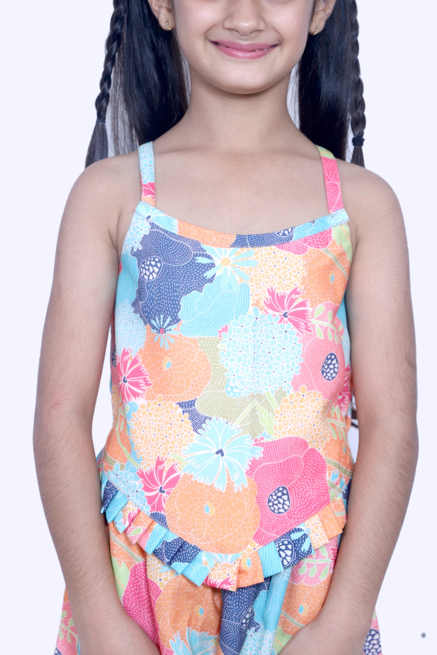 Girls Multicolor Floral Printed Jumpsuit with Wide Leg Fit