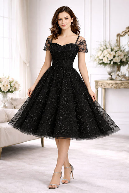 Elegant Women Floral Embroidered Net Fit & Flare Midi Dress – Party & Occasion Wear Black