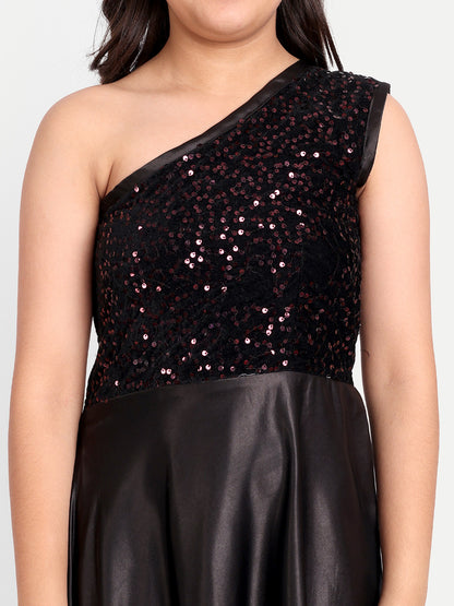 Girls Black One-Shoulder Sequin Party Gown