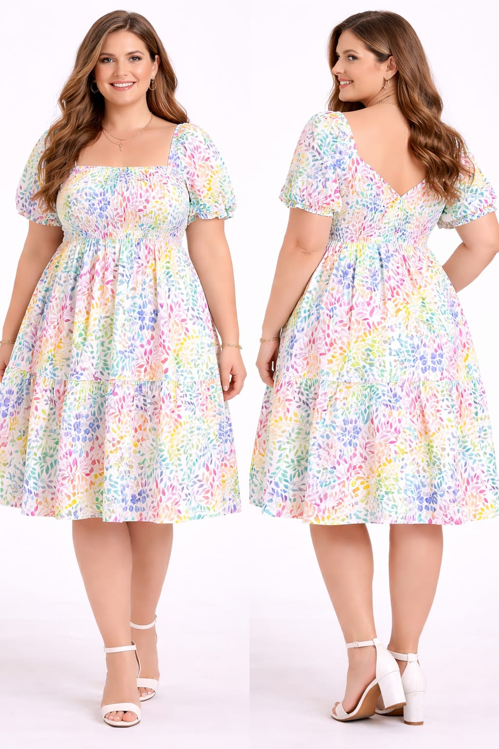 Pastel Floral Smocked Fit & Flare Dress for Women – Puff Sleeve Casual Summer Dress