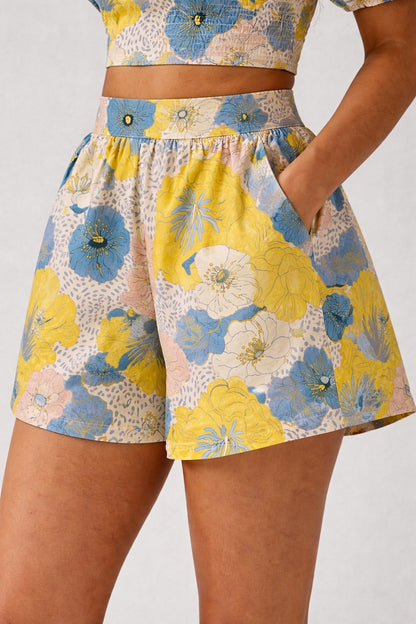 Yellow & Blue Floral Crop Top and Shorts Co-Ord Set for Women – Summer Casual Outfit