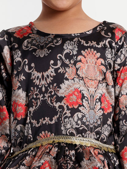 Black Floral High-Low Party Gown for Girls with Full Sleeves