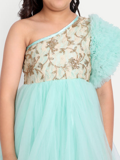 Girls Mint Green One-Shoulder Designer Party Dress