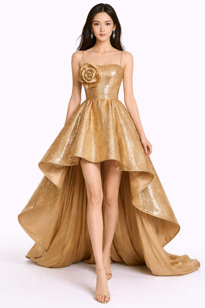 Women’s Golden Shimmer High-Low Party Gown with Floral Detail