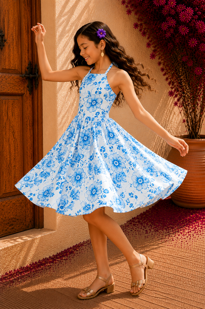 White Blue Floral Frock for Girls | Stylish Cotton Kids Dress