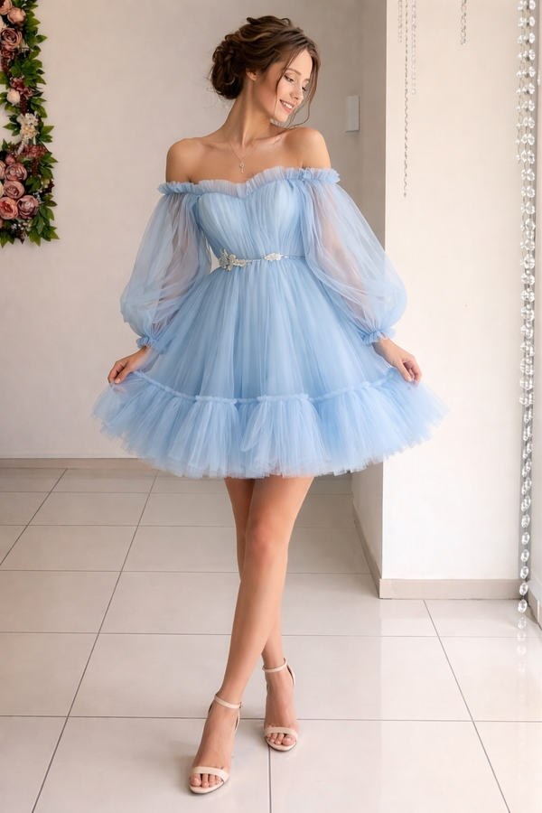 Women’s Dreamy Sky Blue Tulle Off-Shoulder Party Mini Dress