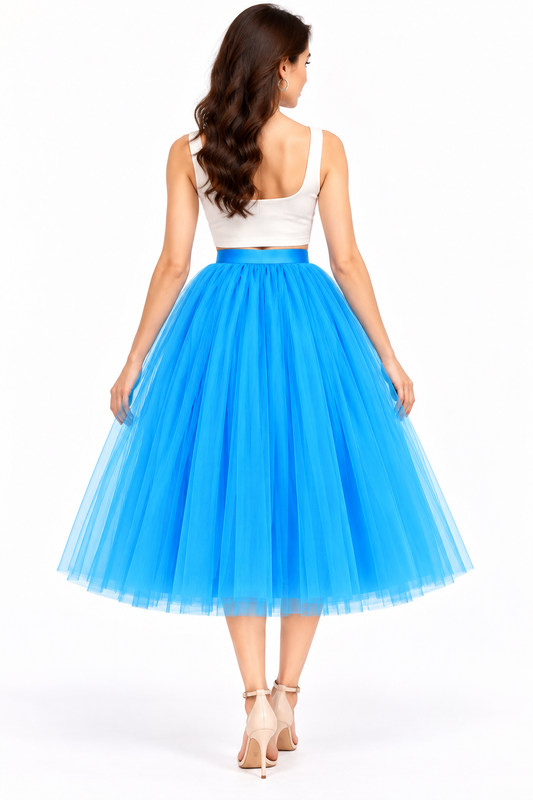 Blue Knee Length Skirt for Women | Net Party Wear Skirt