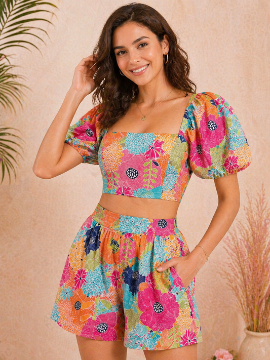 Women’s Multicolor Floral Co-Ord Set with Puff Sleeve Crop Top & Shorts
