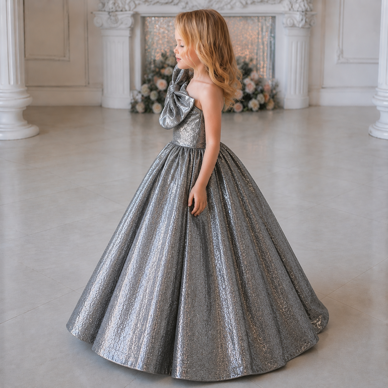 Platinum Pearl One-Shoulder Bow Princess Ball Gown