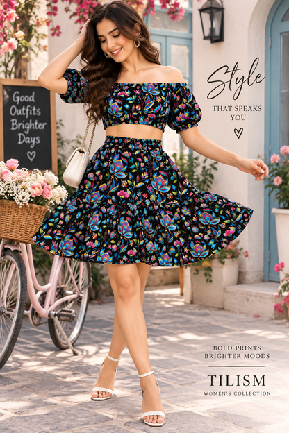 Tropical Floral Crop Top & Skirt Set for Women | Black Cotton Co-Ord