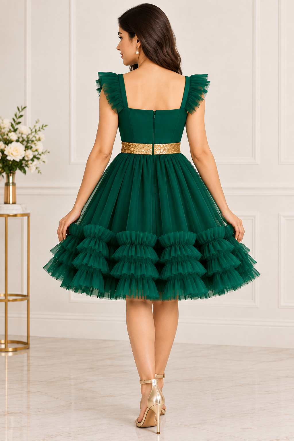 Emerald Green Knee Length Dress for Women | Net Fabric Party Wear
