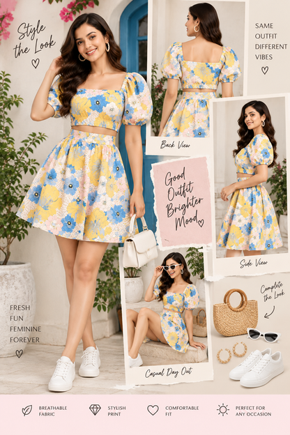Pastel Floral Crop Top & Skirt Set for Women | White Cotton Co-Ord