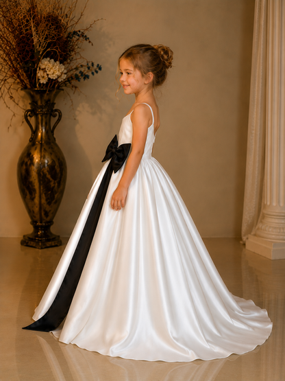 Ivory Elegance Satin Princess Gown with Statement Black Bow