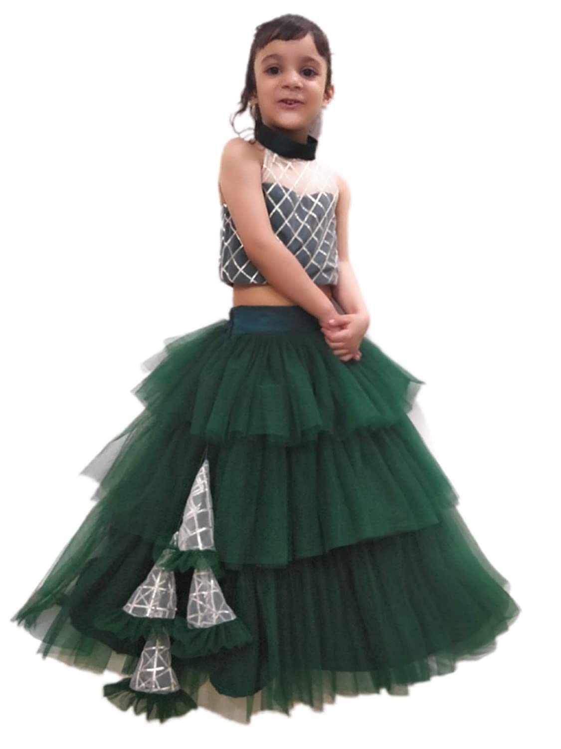 Girls Party Wear Set – Crop Top & Skirt Combo for Kids ( Dark Green )
