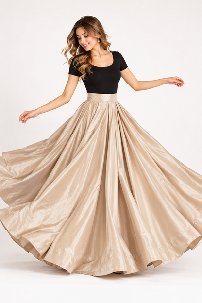 Women’s Champagne Beige Glass Satin Flared Maxi Skirt | High-Waist, Full-Length, Elegant Party Wear Skirt