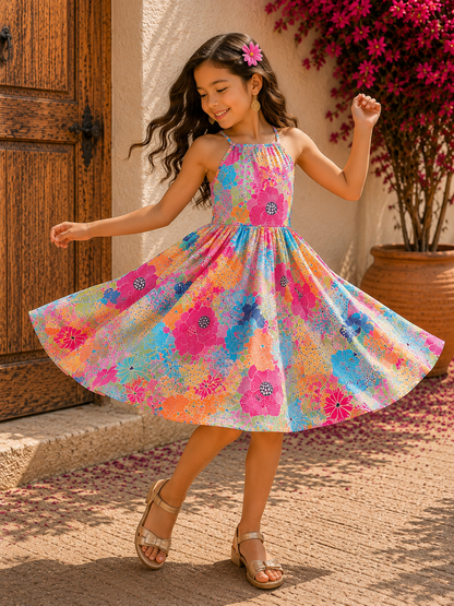Girls Multicolor Floral Cotton Frock | Pink Orange Blue Dress