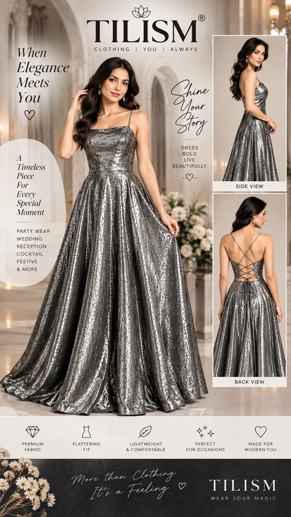 Women’s Metallic Gunmetal Silver Gown | God Shine Shimmer Fabric