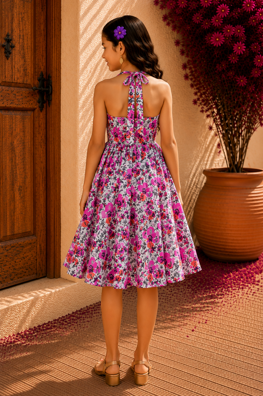 Girls White & Gray Cotton Frock | Multicolor Floral Print Dress