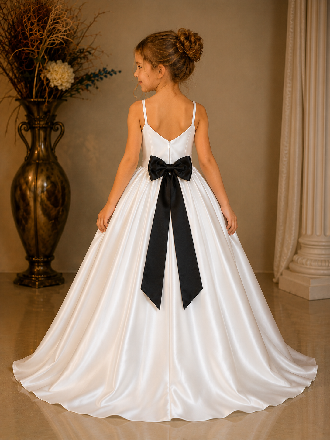 Ivory Elegance Satin Princess Gown with Statement Black Bow