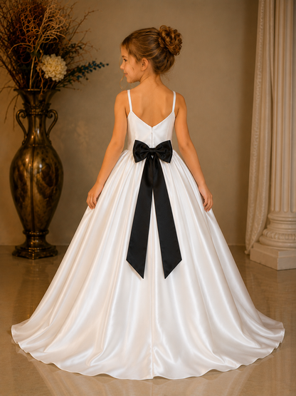 Ivory Elegance Satin Princess Gown with Statement Black Bow