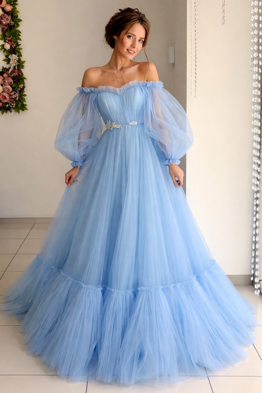 Women’s Luxury Sky Blue Off-Shoulder Tulle Ball Gown with Puff Sleeves