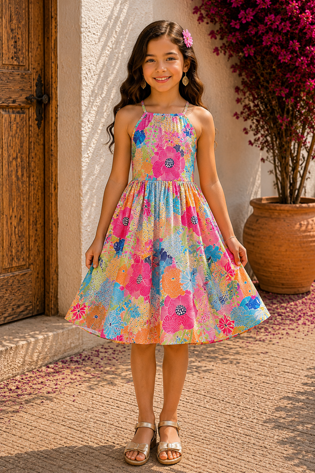 Girls Multicolor Floral Cotton Frock | Pink Orange Blue Dress