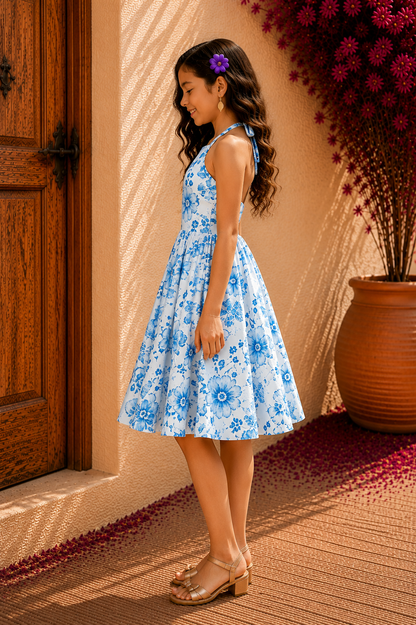 White Blue Floral Frock for Girls | Stylish Cotton Kids Dress
