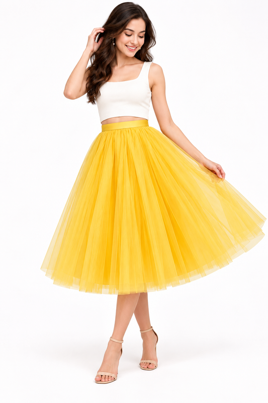 Women’s Yellow Net Knee Length Skirt | Party & Occasion Wear