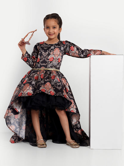 Black Floral High-Low Party Gown for Girls with Full Sleeves