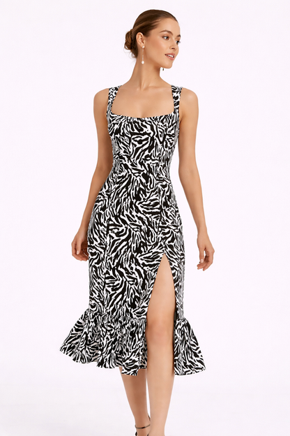 Women’s Black & White Zebra Print Bodycon Midi Dress – Elegant Sleeveless Party Dress with Front Slit