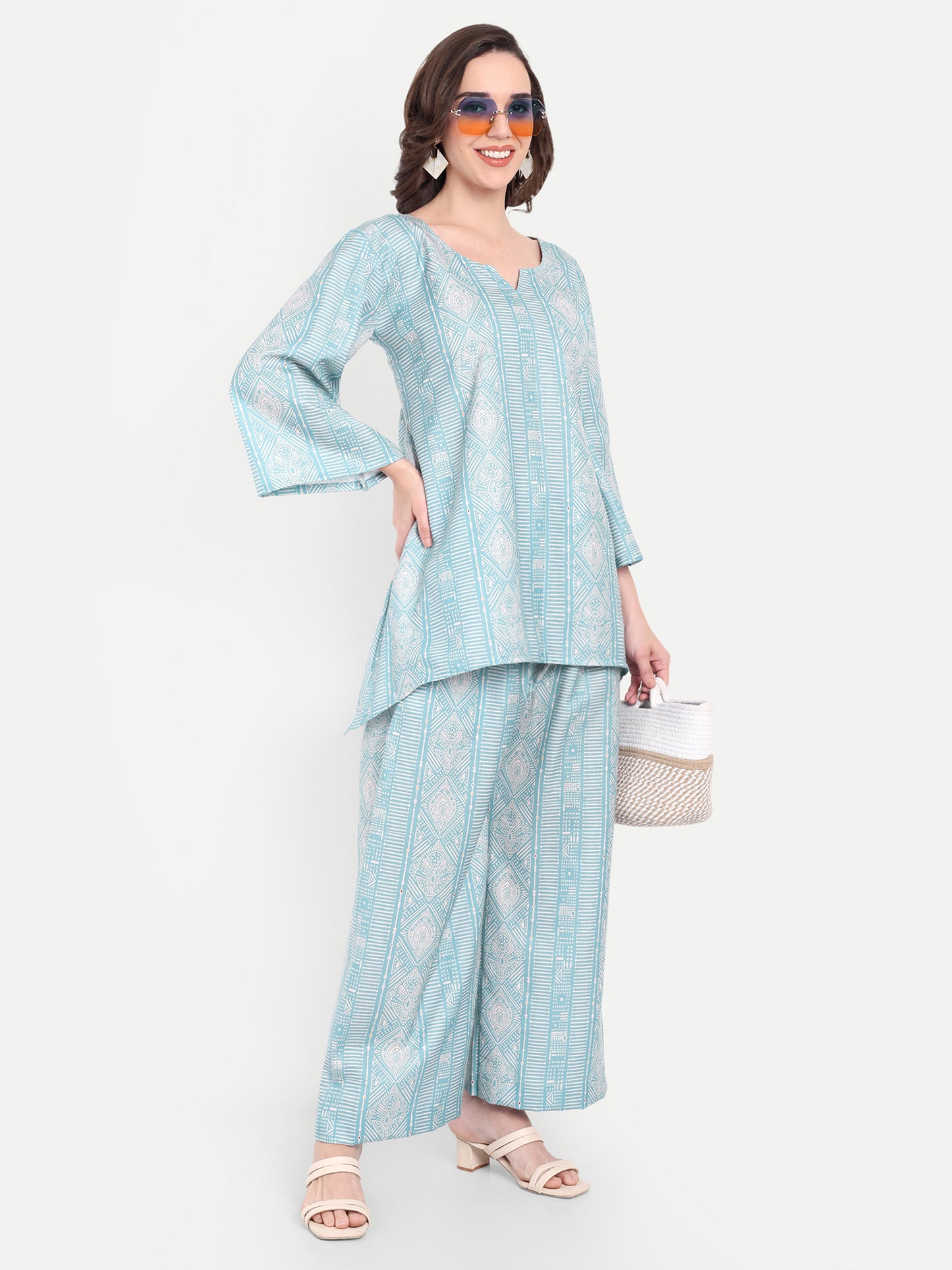 Elegant Women Co-ord Set – Stylish Matching Top & Bottom Outfit for Casual & Party Wear sky blue and mint
