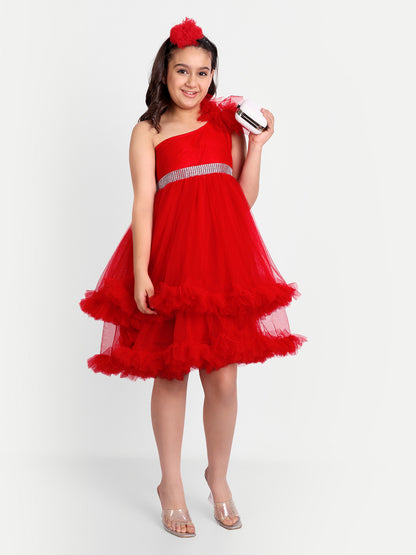 Girls Red One-Shoulder Frill Party Dress