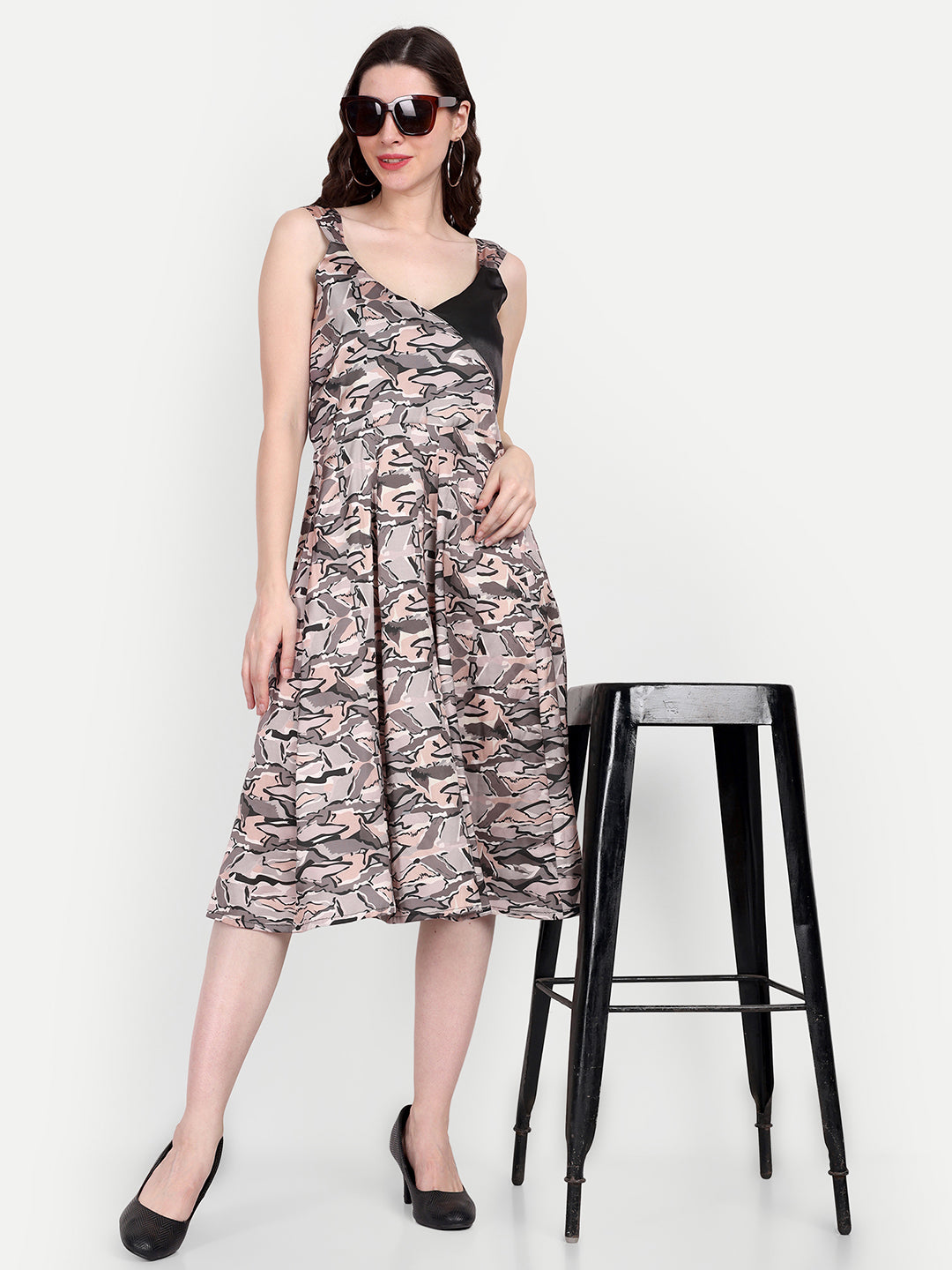 Elegant Women Printed Silk Fit & Flare Dress – Stylish Casual & Festive Wear