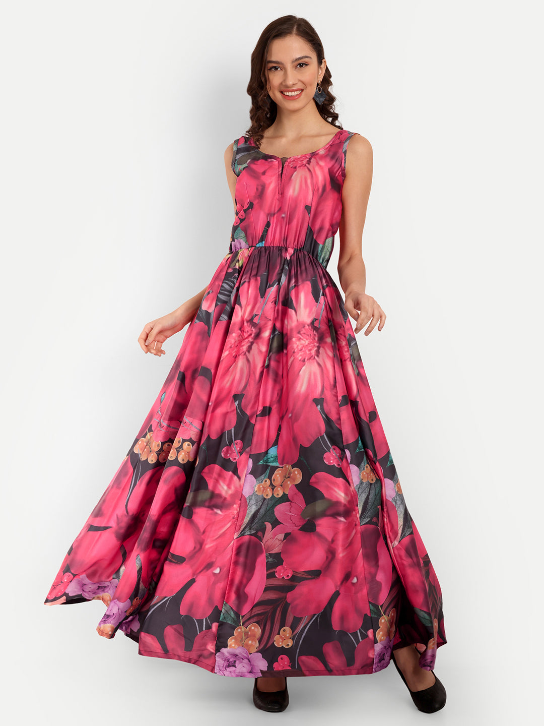 Elegant Women Floral Printed Sleeveless Satin Maxi Dress – Stylish Party, Vacation & Evening Wear