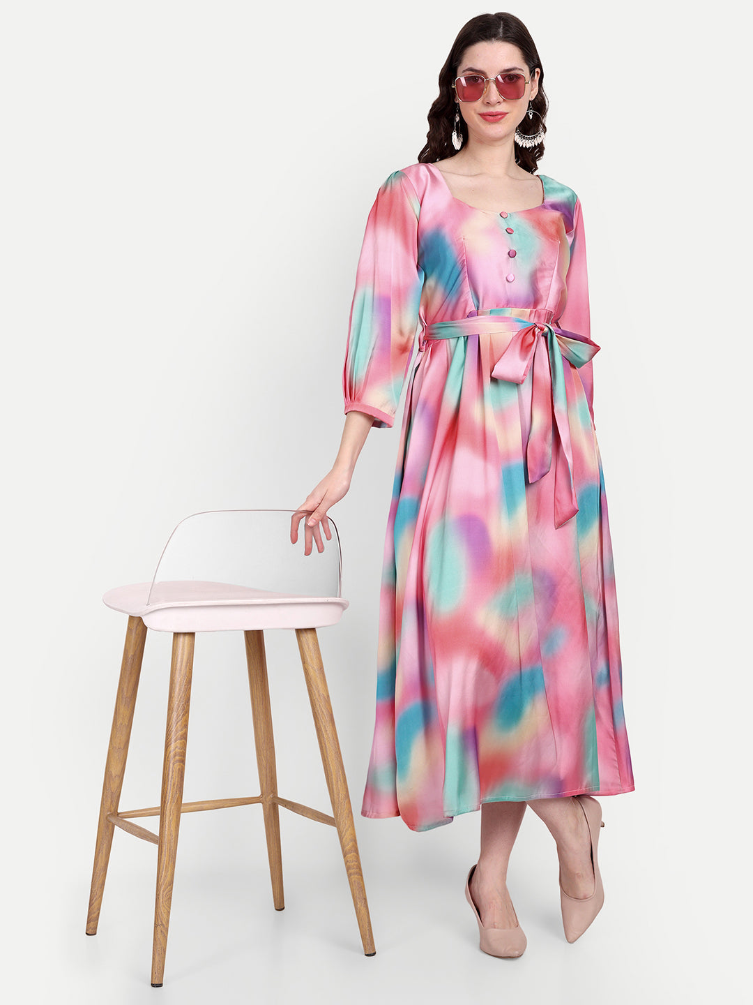 Elegant Women Printed Silk Maxi Fit & Flare Dress – Stylish Festive & Occasion Wear