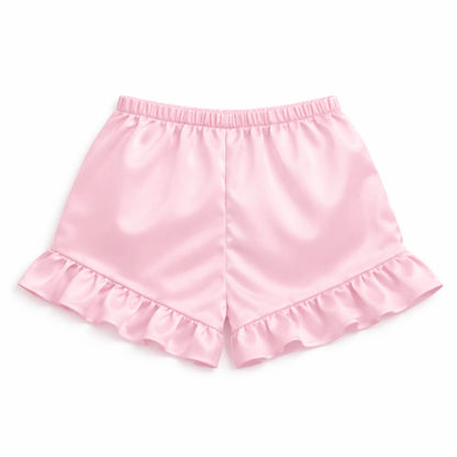 Luxury Women Satin Lounge Set – Strapless Tube Top & Ruffle Shorts Night Suit Baby Pink