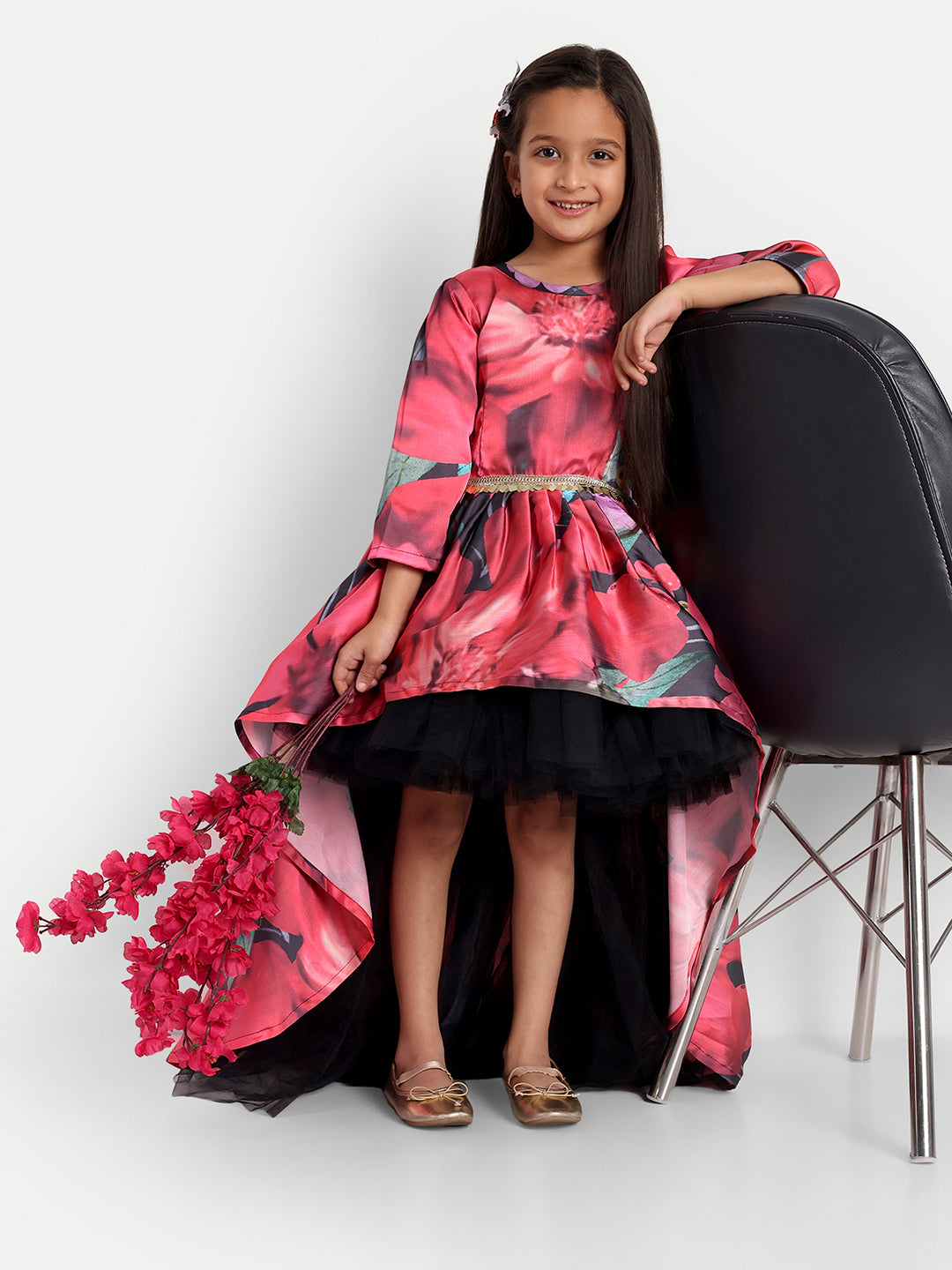 Girls Floral Print High-Low Designer Party Gown