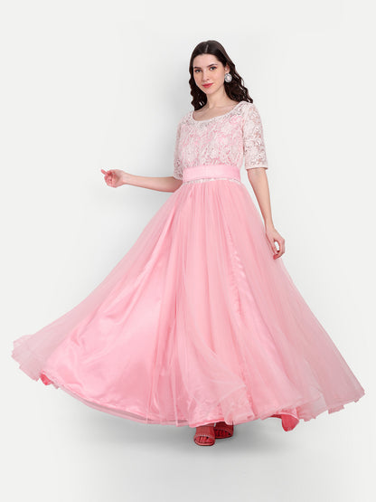Elegant Women Embellished Sequined Boat Neck Fit & Flare Maxi Dress – Designer Party & Evening Gown