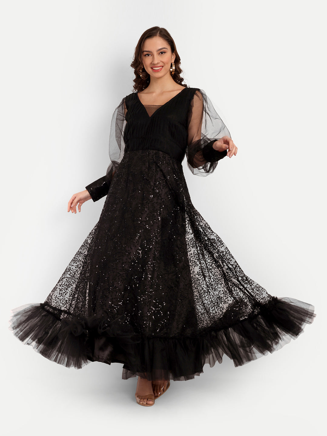 Elegant Women Ethnic Motifs Printed Silk & Net Dress – Festive & Party Wear
