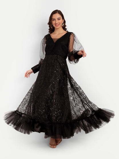 Elegant Women Ethnic Motifs Printed Silk & Net Dress – Festive & Party Wear