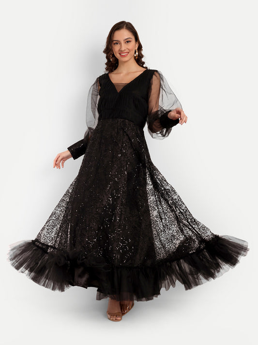 Elegant Women Ethnic Motifs Printed Silk & Net Dress – Festive & Party Wear