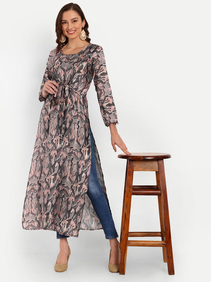 Elegant Women Abstract Printed Silk High Slit Kurta Dress – Round Neck Fusion Ethnic Wear