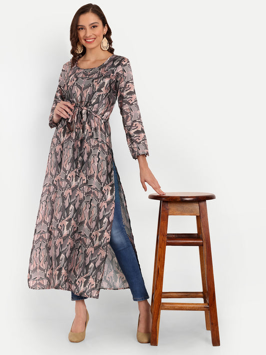 Elegant Women Abstract Printed Silk High Slit Kurta Dress – Round Neck Fusion Ethnic Wear