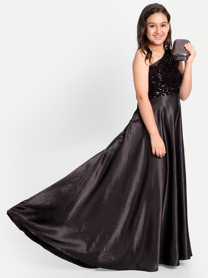 Girls Black One-Shoulder Sequin Party Gown
