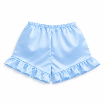Luxury Women Satin Lounge Set – Strapless Tube Top & Ruffle Shorts Night Suit Sky Blue