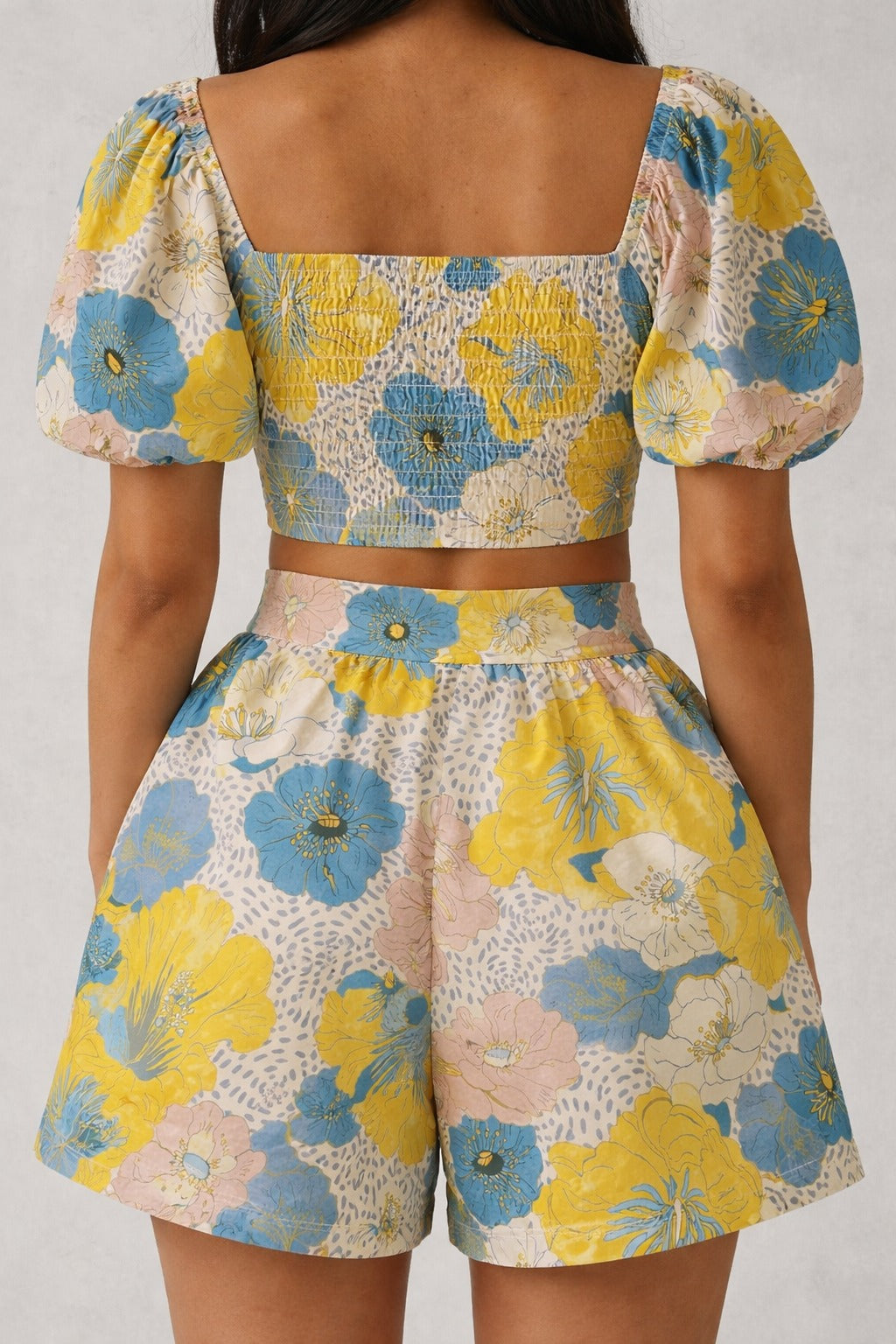 Yellow & Blue Floral Crop Top and Shorts Co-Ord Set for Women – Summer Casual Outfit