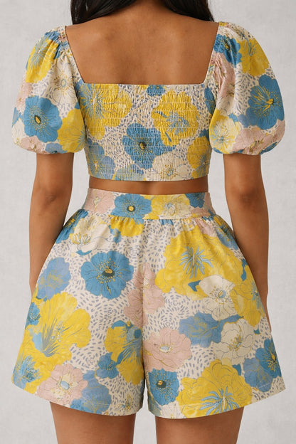Yellow & Blue Floral Crop Top and Shorts Co-Ord Set for Women – Summer Casual Outfit