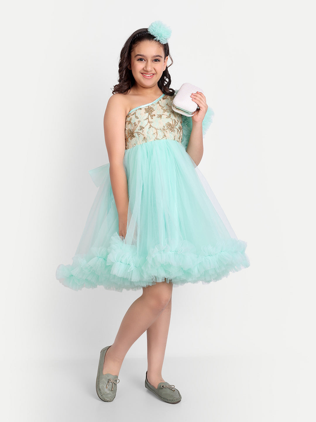 Girls Mint Green One-Shoulder Designer Party Dress