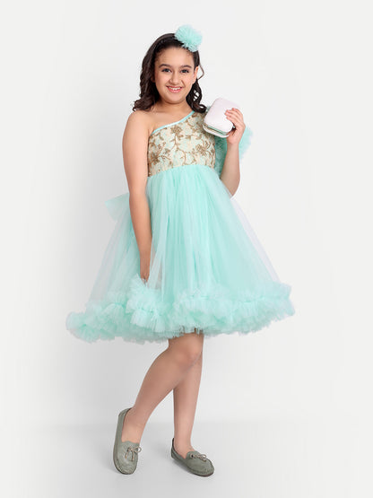 Girls Mint Green One-Shoulder Designer Party Dress