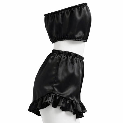 Luxury Women Satin Lounge Set – Strapless Tube Top & Ruffle Shorts Night Suit Black